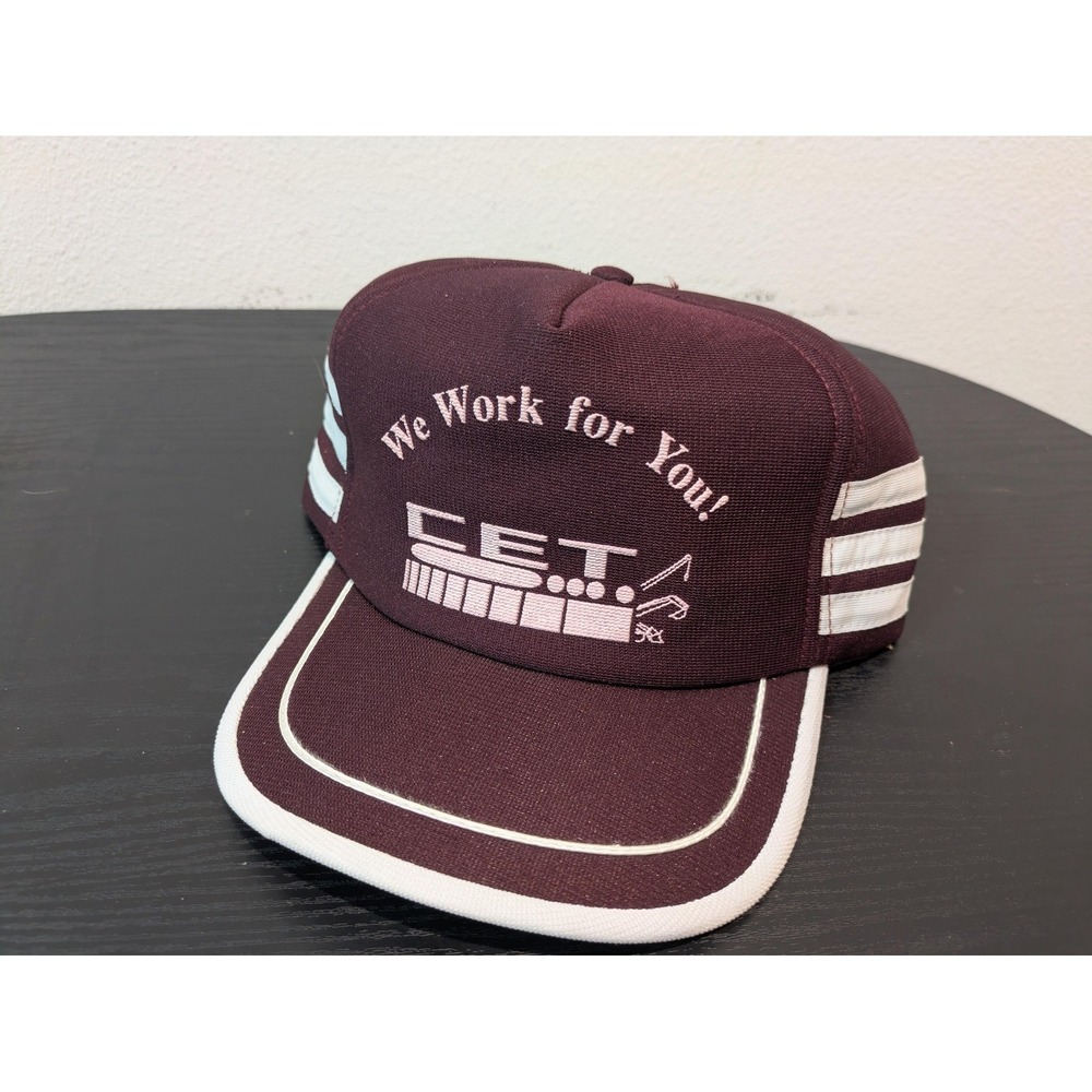 Vintage CET Trucker Equipment Hat Cap Snap Back Mens Burgunday 3 Striped USA